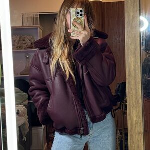 Burgundy Italian 100% shearling and leather bomber jacket 90s grunge